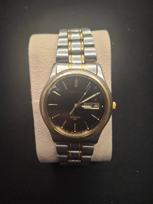 Seiko Watch Men 35mm Black Dial Gold & Silver Tone Daydate 7n43-8a39 Not Working